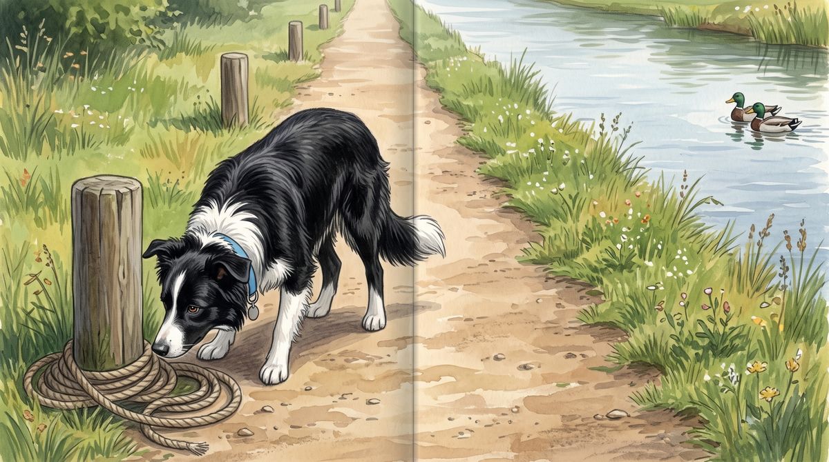 Painted storybook spread of a black and white collie nosing a coil of rope on a canal towpath, ducks on the water beyond