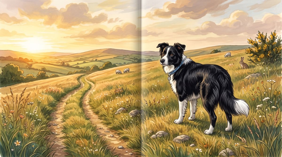 Painted storybook page: a shaggy tan and grey dog on a hillside at sunrise