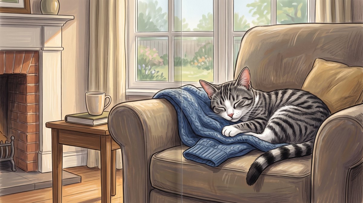 Painted storybook spread of the silver tabby asleep on a folded blanket in an armchair beside a fireplace, a mug on the table nearby