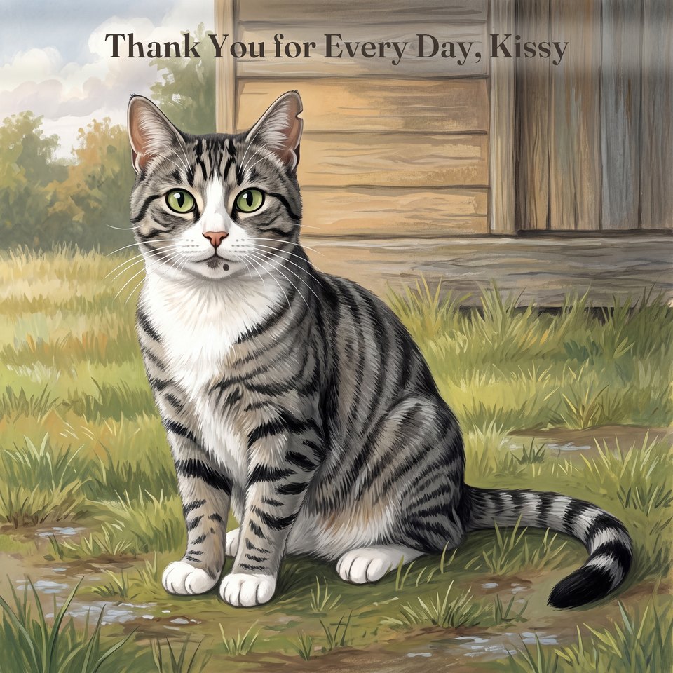 Real book cover from a finished order: a painted silver tabby cat sitting on a garden path by a brick wall, with the book's title typeset above