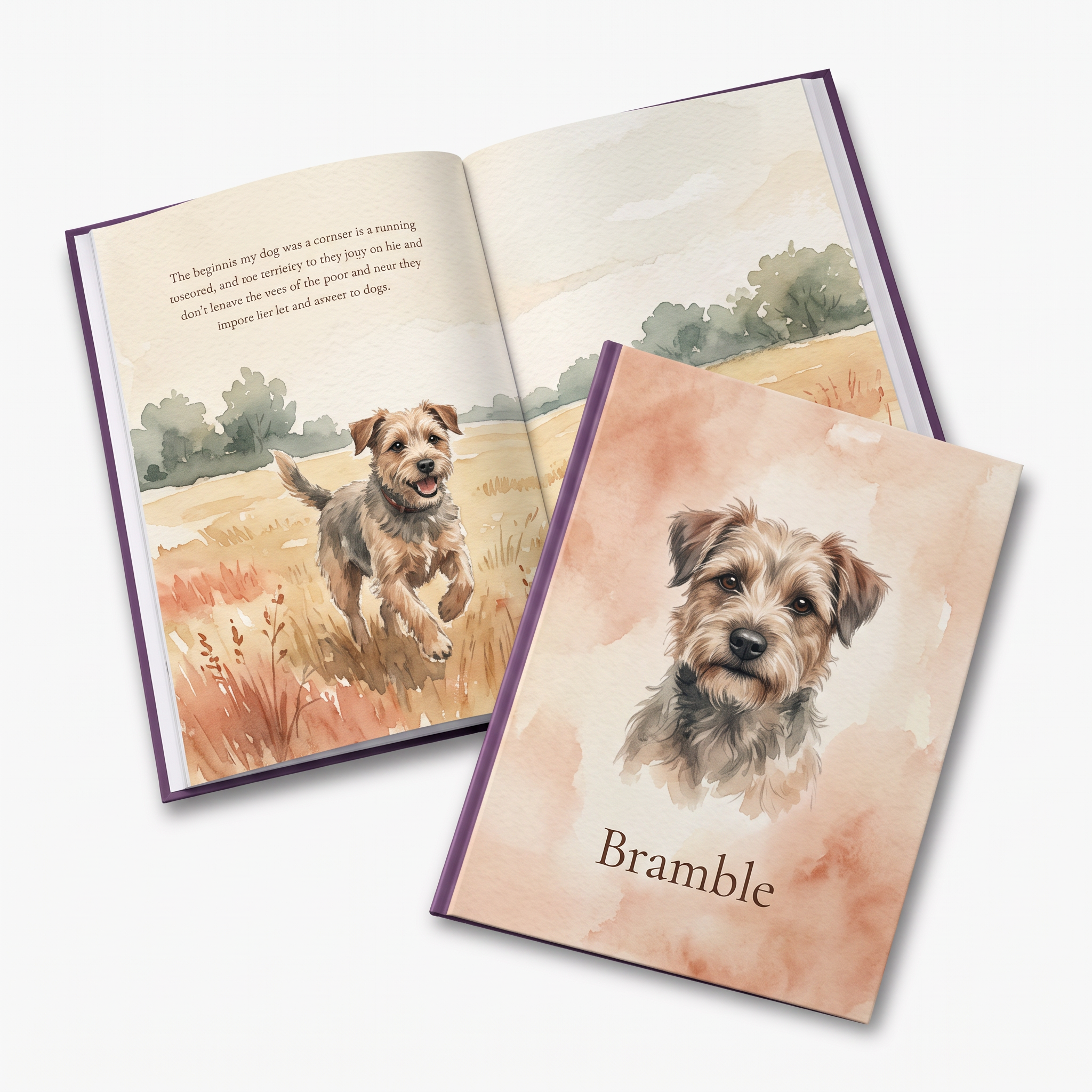 Sample A5 portrait premium hardcover storybook with a matte laminate cover and watercolour terrier illustration, shown beside a second copy lying open on an illustrated field spread